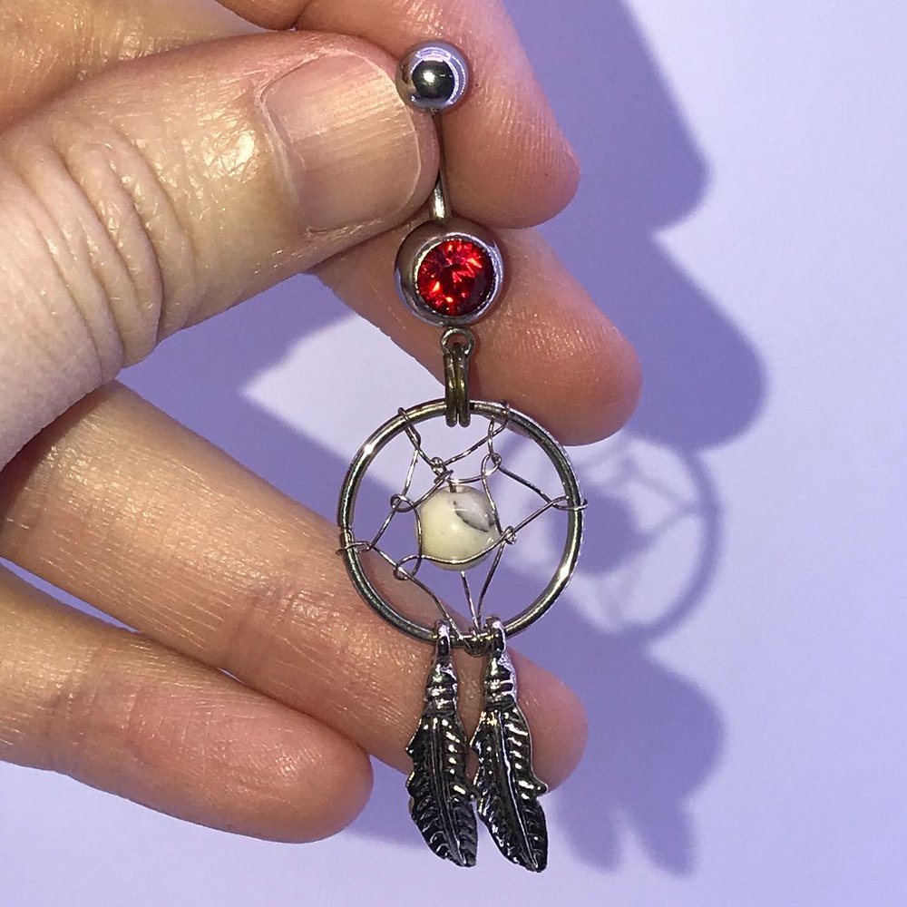 14 Gauge Dream Catcher Belly Ring, Red Gem with white bead and a gold split ring